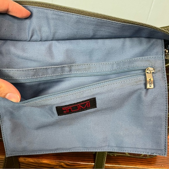 TUMI Wool Leather Trim Tote Shoulder Bag and Wallet Brown Green 13"x9.5" Circles - Picture 5 of 16